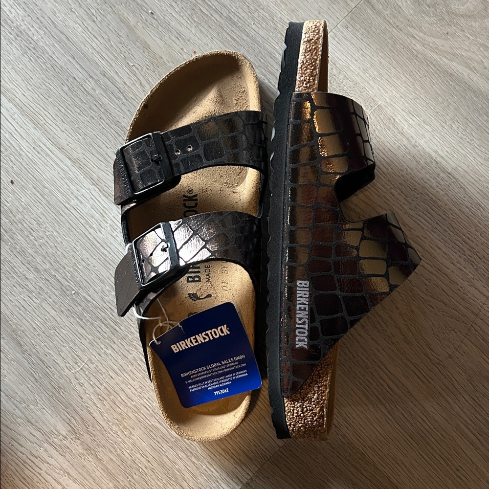 Birkenstock Croc-Embossed Metallic Sandals - Picture 2 of 5